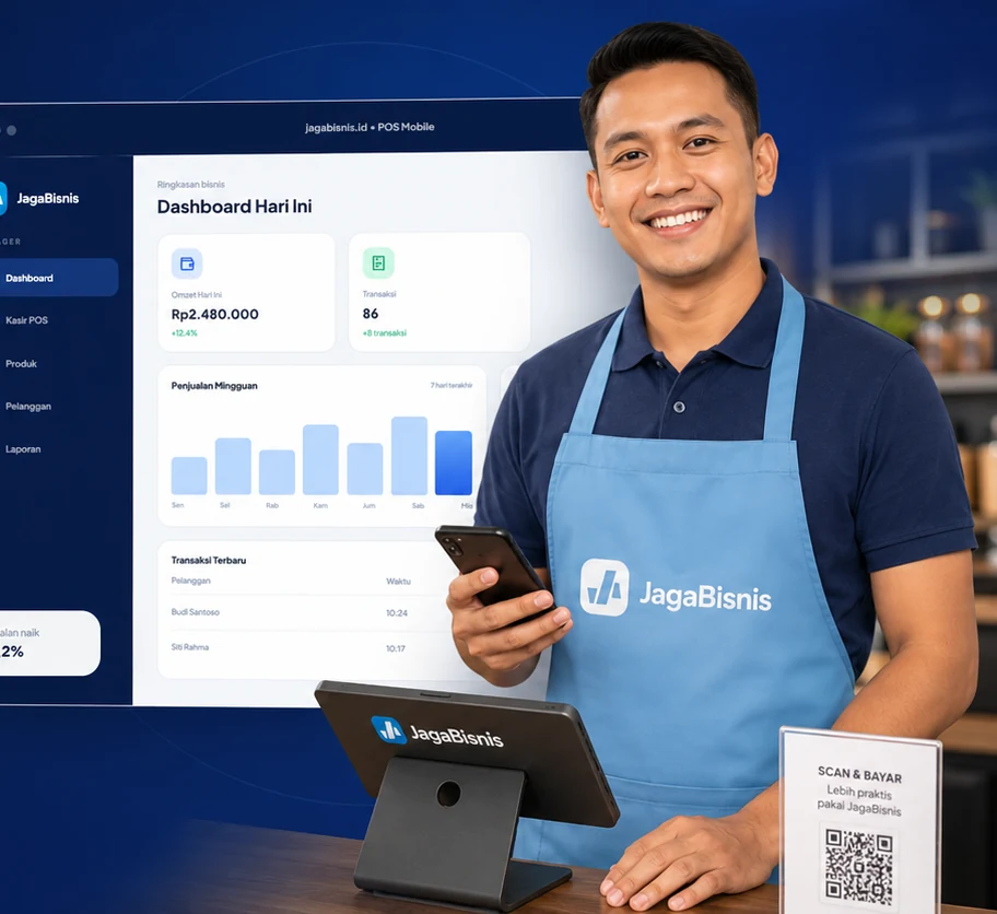 Pemilik UMKM menggunakan JagaBisnis dengan dashboard kasir dan penjualan